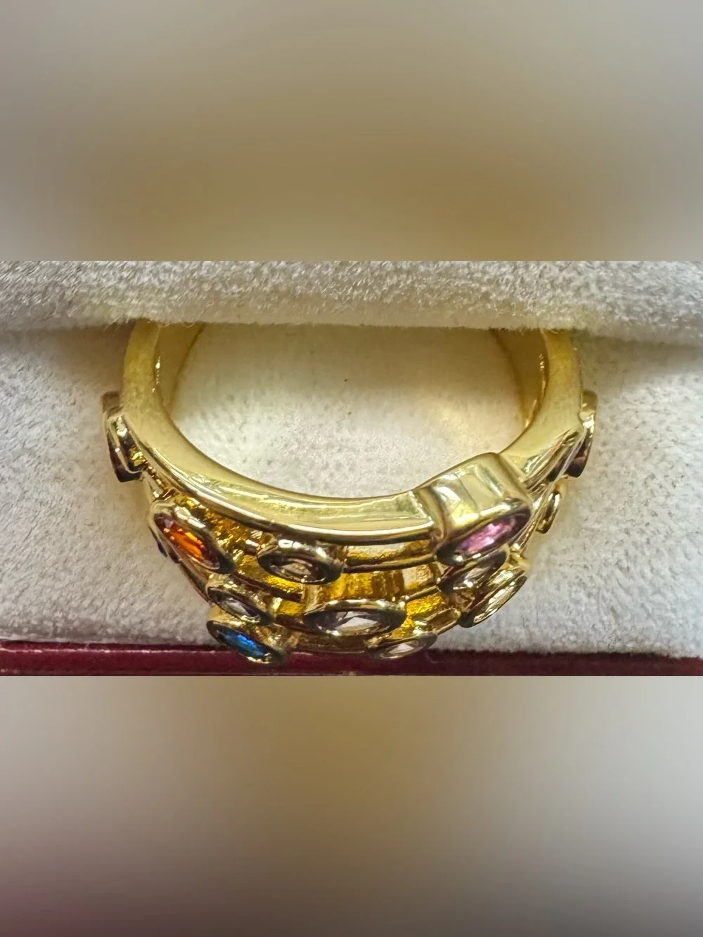 Gold Plated Multi-Row Ring with Blue, Pink, Purple, Orange & Clear Stones